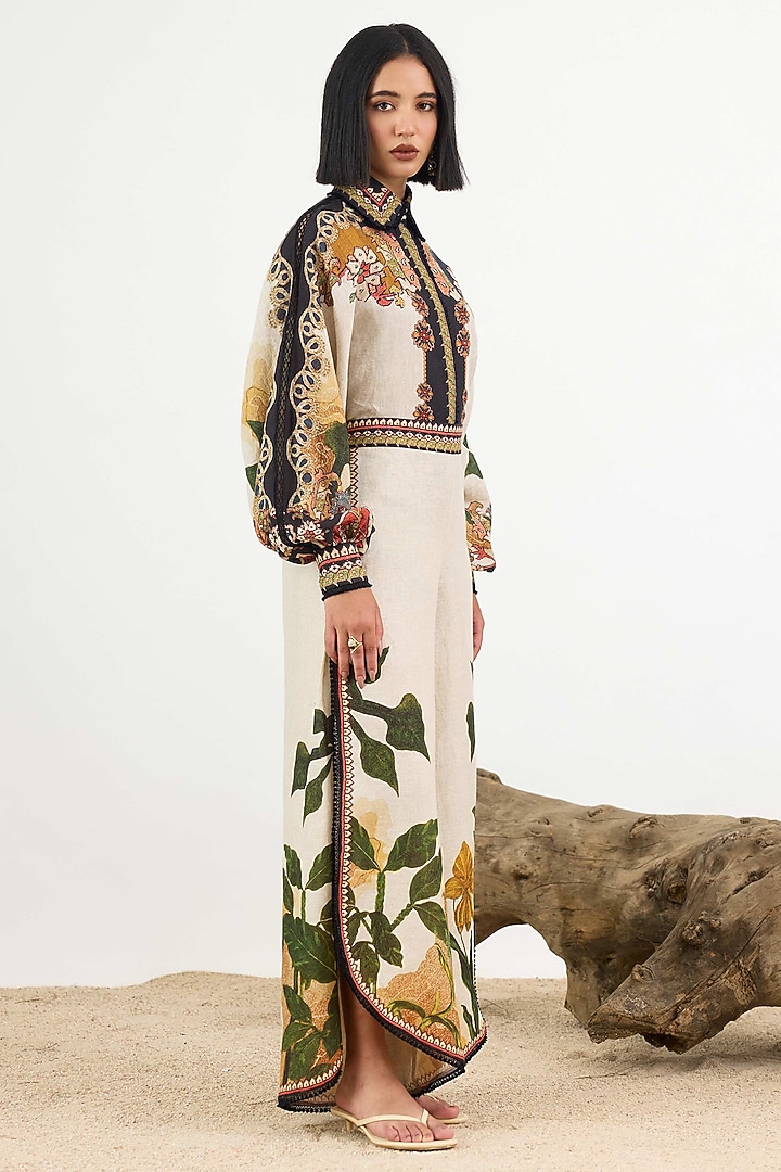 Beige & Black Linen Printed Overlap Pant by Rajdeep Ranawat at Pernia's Pop Up Shop