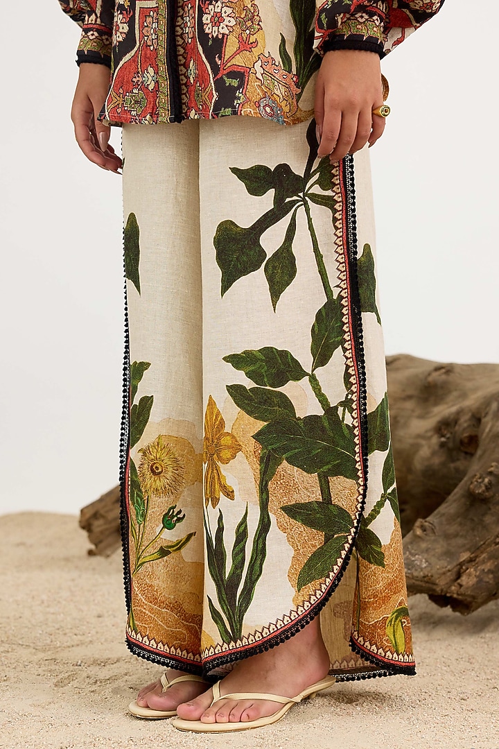 Beige & Black Linen Printed Overlap Pant by Rajdeep Ranawat at Pernia's Pop Up Shop