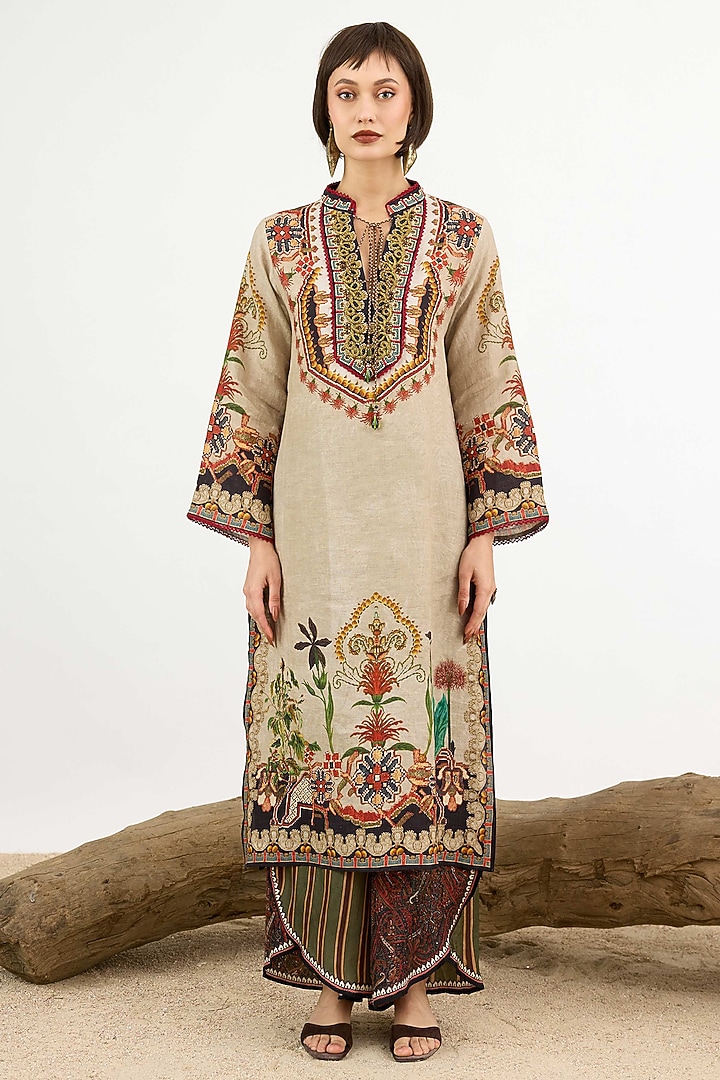 Taupe Linen Printed Tunic by Rajdeep Ranawat at Pernia's Pop Up Shop
