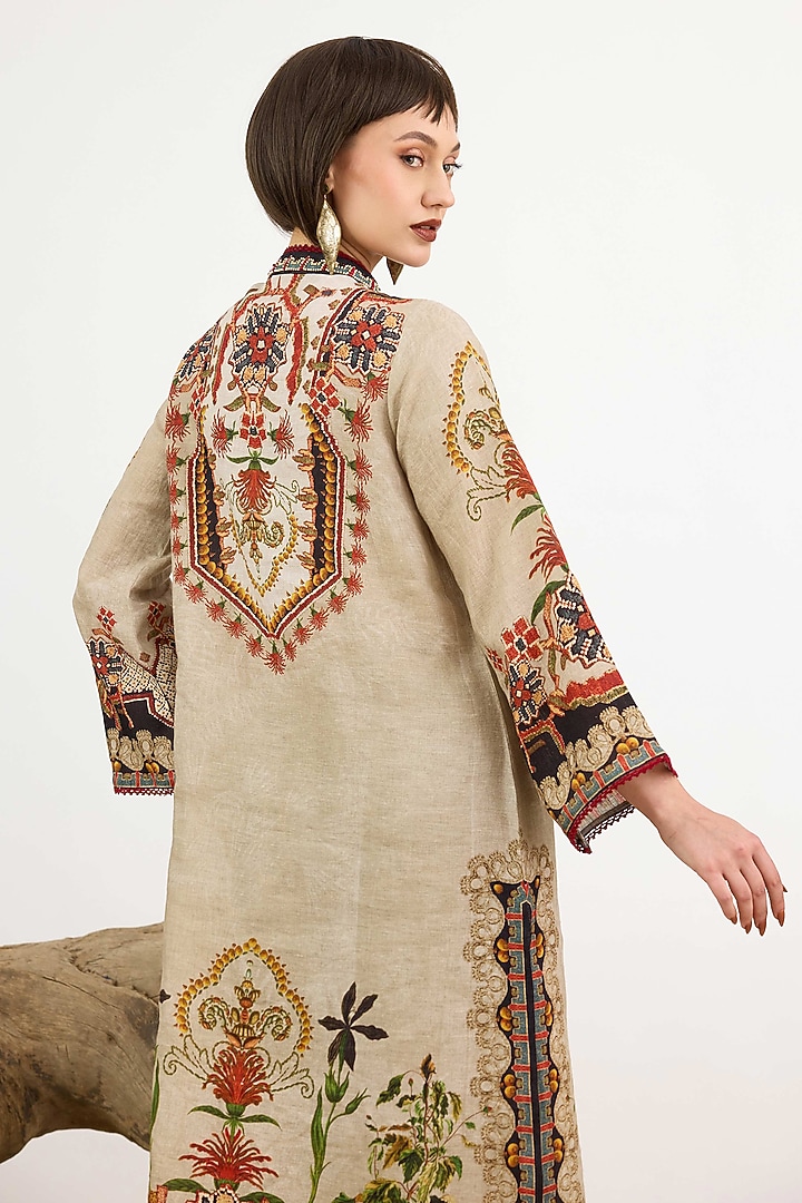 Taupe Linen Printed Tunic by Rajdeep Ranawat at Pernia's Pop Up Shop