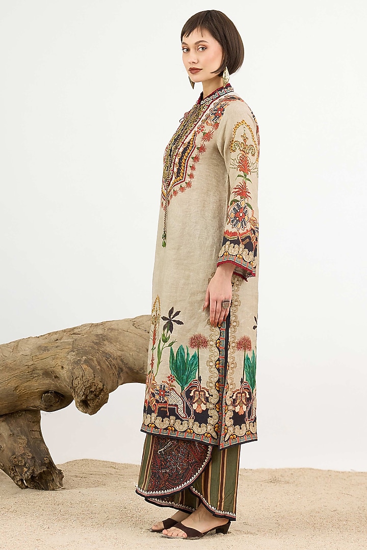 Taupe Linen Printed Tunic by Rajdeep Ranawat at Pernia's Pop Up Shop