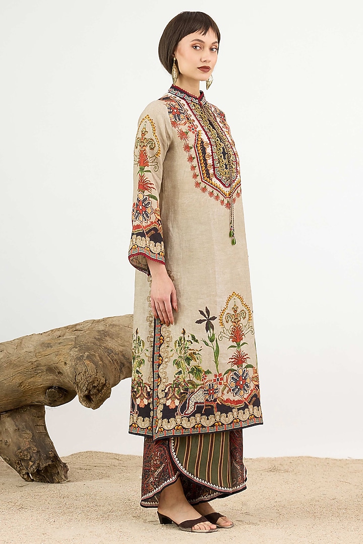 Taupe Linen Printed Tunic by Rajdeep Ranawat at Pernia's Pop Up Shop