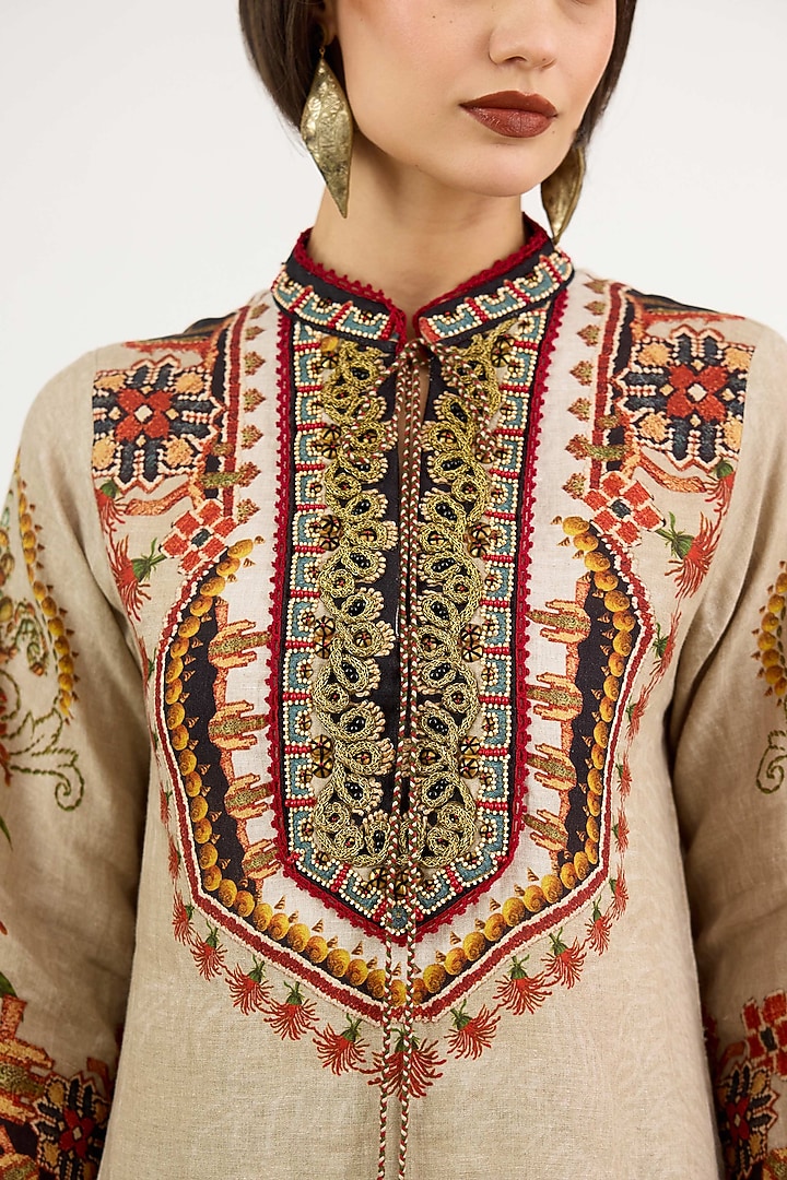 Taupe Linen Printed Tunic by Rajdeep Ranawat at Pernia's Pop Up Shop