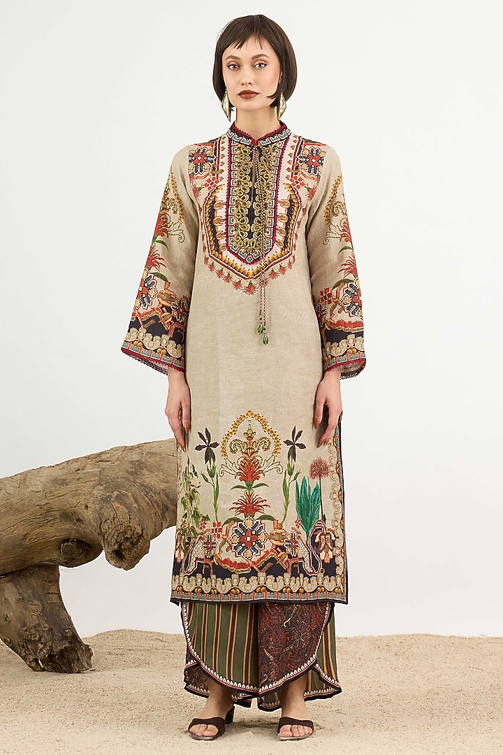 Taupe Linen Printed Overlap Pant by Rajdeep Ranawat at Pernia's Pop Up Shop