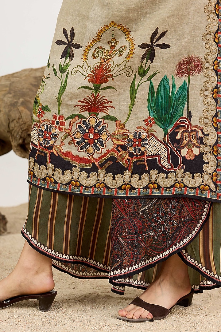 Taupe Linen Printed Overlap Pant by Rajdeep Ranawat at Pernia's Pop Up Shop