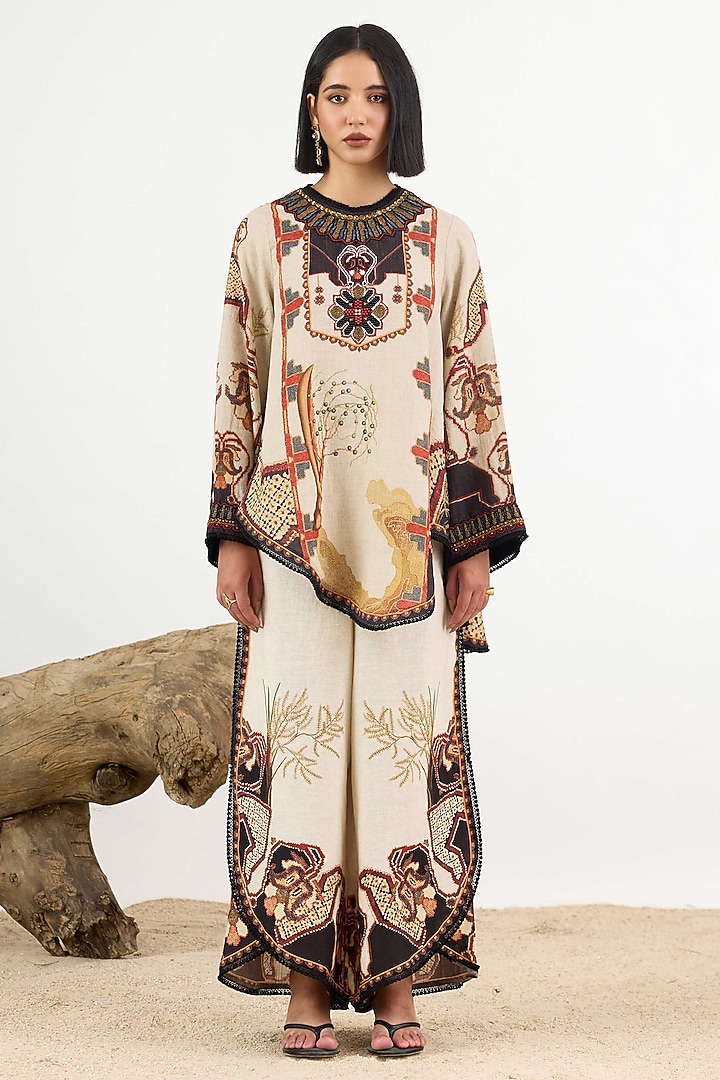 Beige & Black Linen Printed Asymmetrical Tunic by Rajdeep Ranawat at Pernia's Pop Up Shop