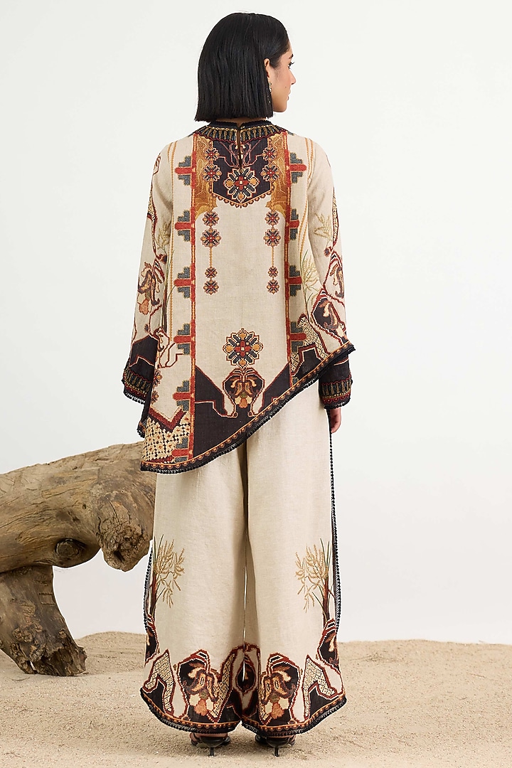 Beige & Black Linen Printed Asymmetrical Tunic by Rajdeep Ranawat at Pernia's Pop Up Shop