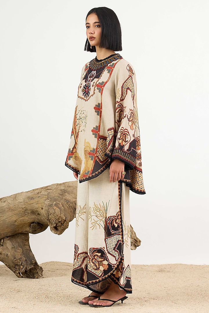 Beige & Black Linen Printed Asymmetrical Tunic by Rajdeep Ranawat at Pernia's Pop Up Shop