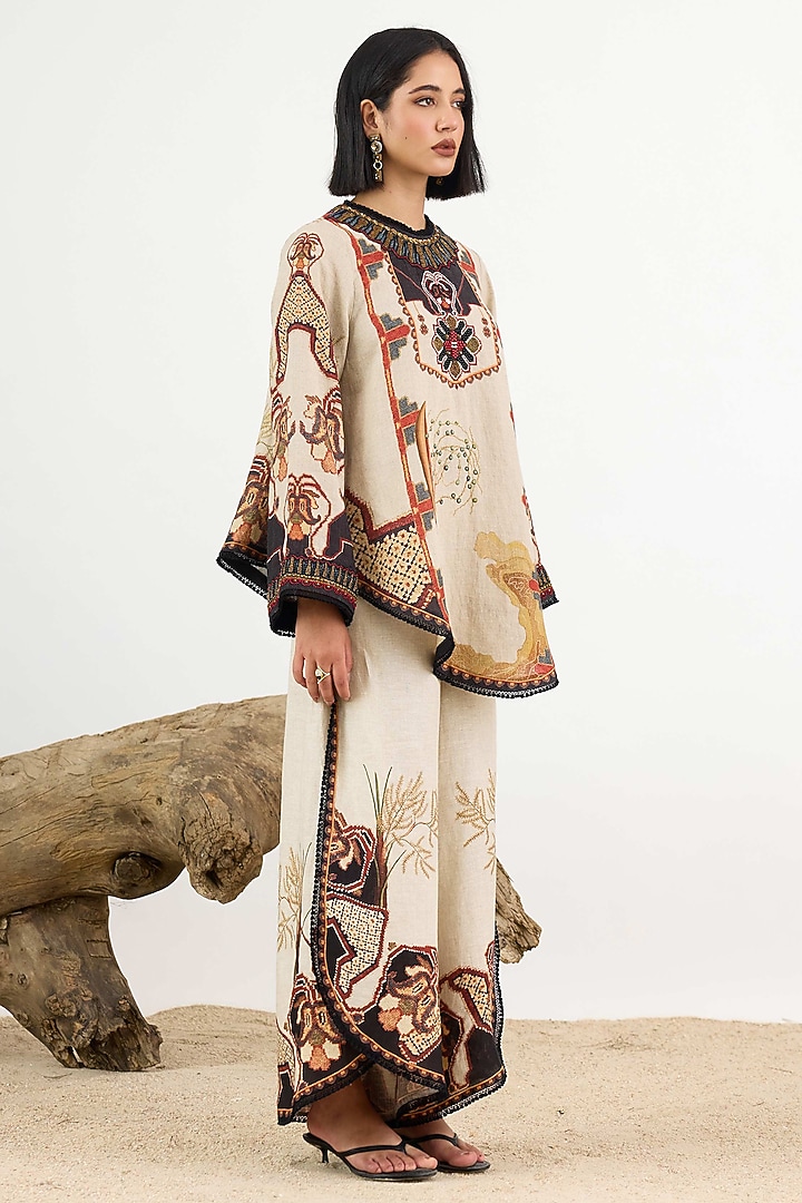 Beige & Black Linen Printed Asymmetrical Tunic by Rajdeep Ranawat at Pernia's Pop Up Shop