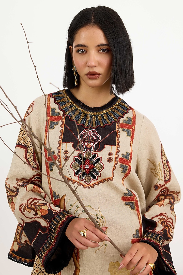 Beige & Black Linen Printed Asymmetrical Tunic by Rajdeep Ranawat at Pernia's Pop Up Shop