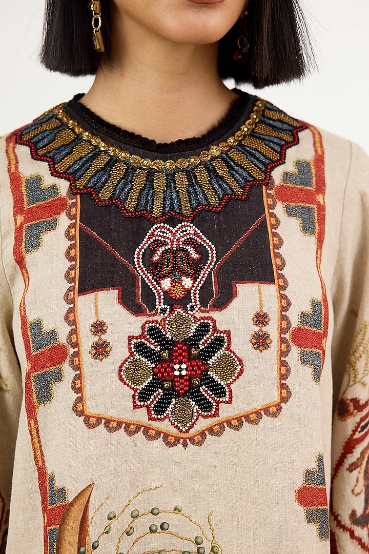 Beige & Black Linen Printed Asymmetrical Tunic by Rajdeep Ranawat at Pernia's Pop Up Shop