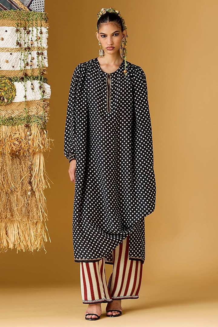 Black Silk Polka Dot Printed Tunic by Rajdeep Ranawat at Pernia's Pop Up Shop