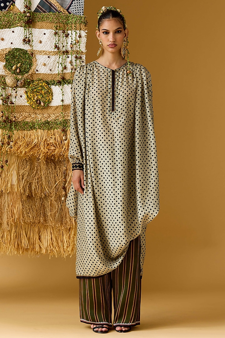 Olive Green Modal Satin Striped Palazzo by Rajdeep Ranawat at Pernia's Pop Up Shop