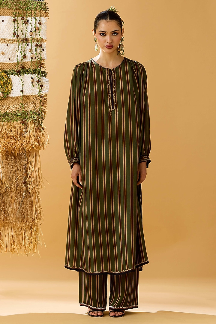 Olive Green Silk Stripe Printed Tunic by Rajdeep Ranawat at Pernia's Pop Up Shop