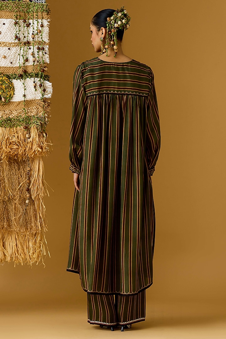 Olive Green Modal Satin Striped Palazzo by Rajdeep Ranawat at Pernia's Pop Up Shop