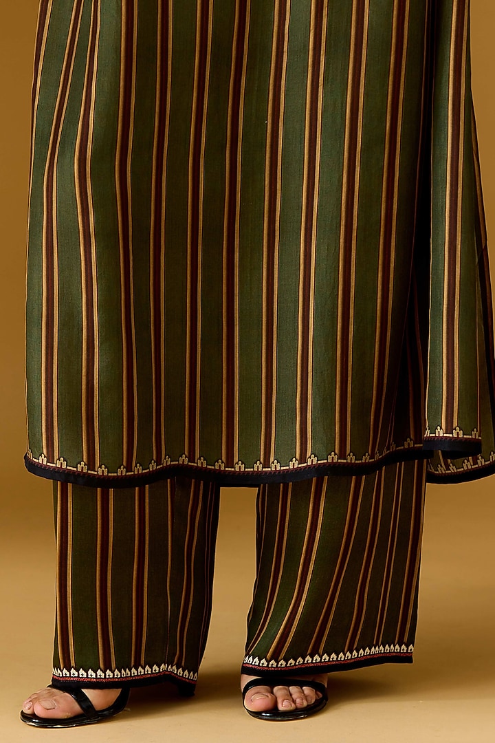 Olive Green Modal Satin Striped Palazzo by Rajdeep Ranawat at Pernia's Pop Up Shop