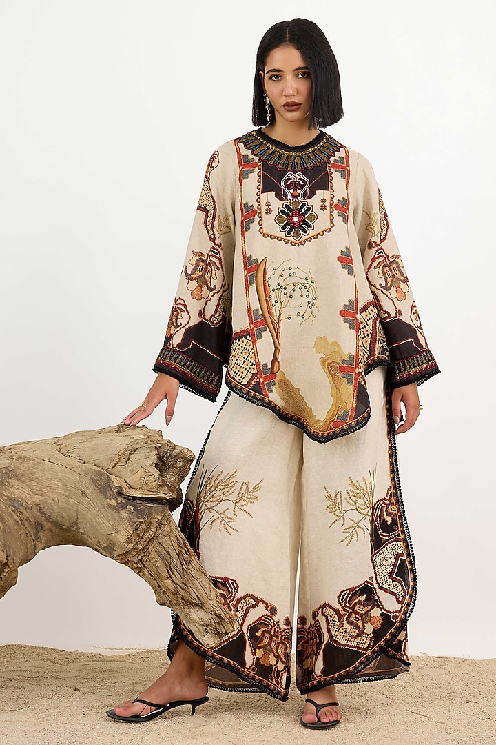 Beige & Black Linen Printed Overlap Pants by Rajdeep Ranawat at Pernia's Pop Up Shop
