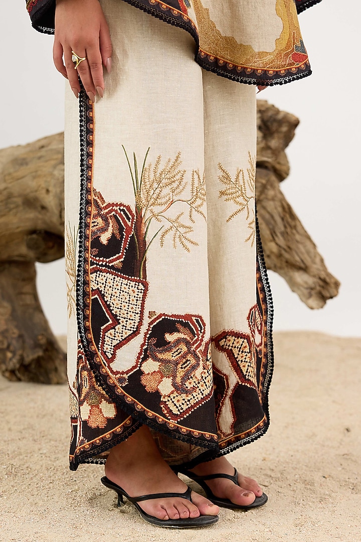 Beige & Black Linen Printed Overlap Pants by Rajdeep Ranawat at Pernia's Pop Up Shop