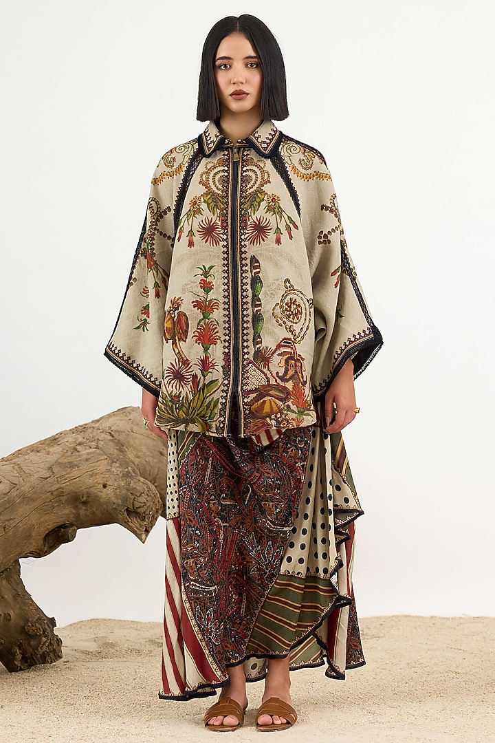Dark Taupe Linen Printed Draped Skirt by Rajdeep Ranawat at Pernia's Pop Up Shop