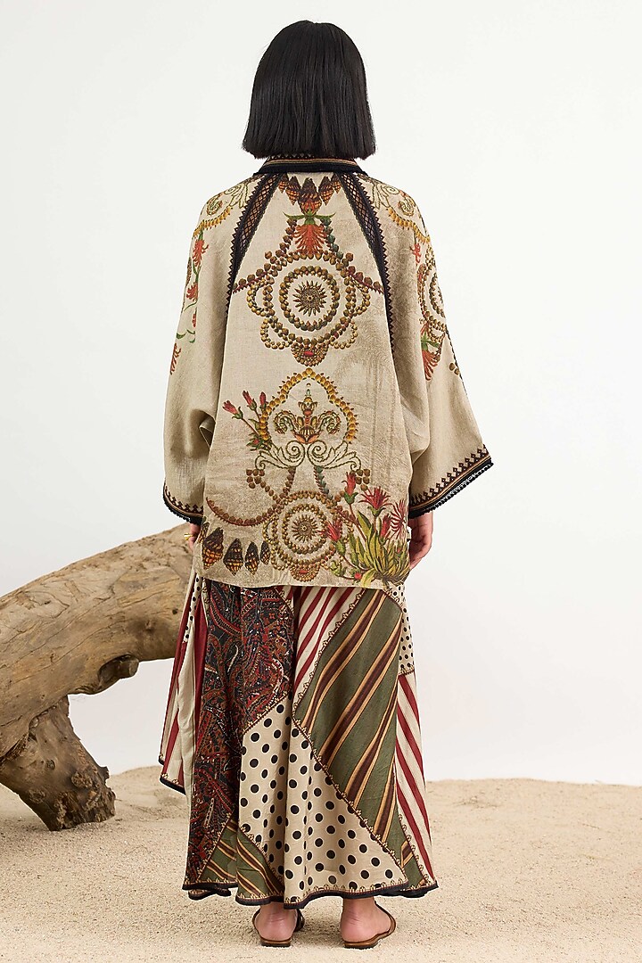 Dark Taupe Linen Printed Draped Skirt by Rajdeep Ranawat at Pernia's Pop Up Shop