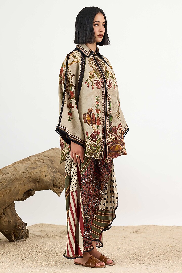 Dark Taupe Linen Printed Draped Skirt by Rajdeep Ranawat at Pernia's Pop Up Shop