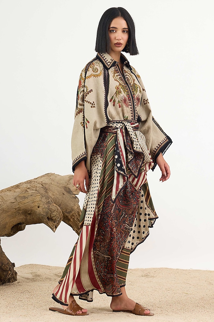 Dark Taupe Linen Printed Draped Skirt by Rajdeep Ranawat at Pernia's Pop Up Shop
