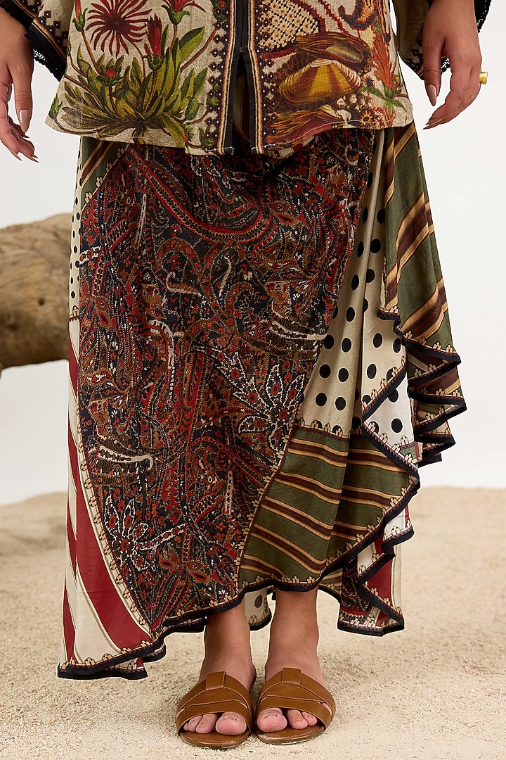 Dark Taupe Linen Printed Draped Skirt by Rajdeep Ranawat at Pernia's Pop Up Shop