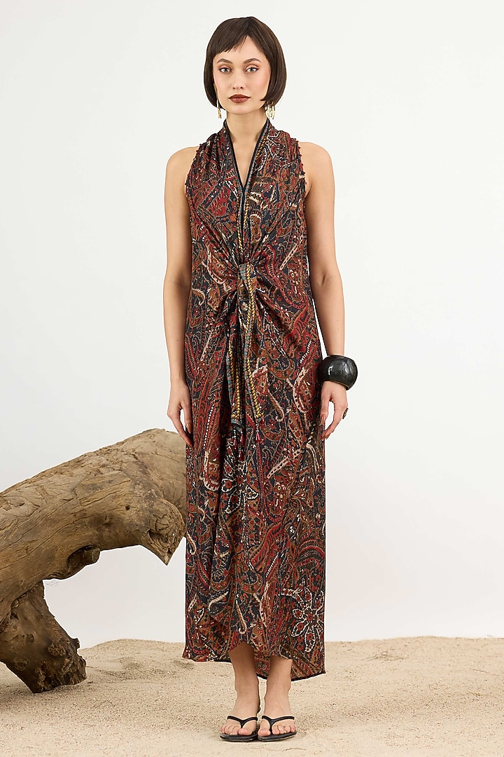 Multi-Colored Silk Printed Knotted Draped Cocktail Dress by Rajdeep Ranawat at Pernia's Pop Up Shop