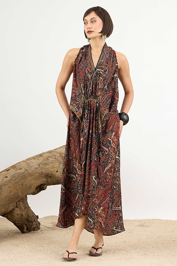 Multi-Colored Silk Printed Knotted Draped Cocktail Dress by Rajdeep Ranawat at Pernia's Pop Up Shop