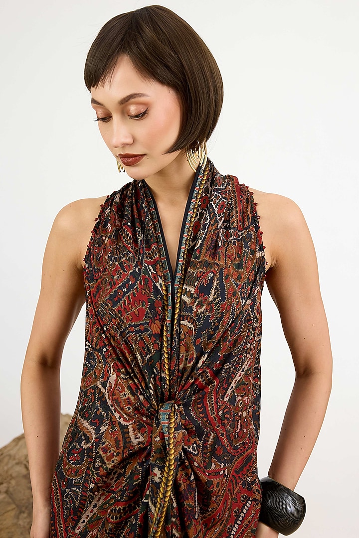 Multi-Colored Silk Printed Knotted Draped Cocktail Dress by Rajdeep Ranawat at Pernia's Pop Up Shop