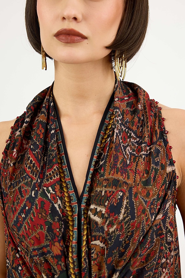 Multi-Colored Silk Printed Knotted Draped Cocktail Dress by Rajdeep Ranawat at Pernia's Pop Up Shop