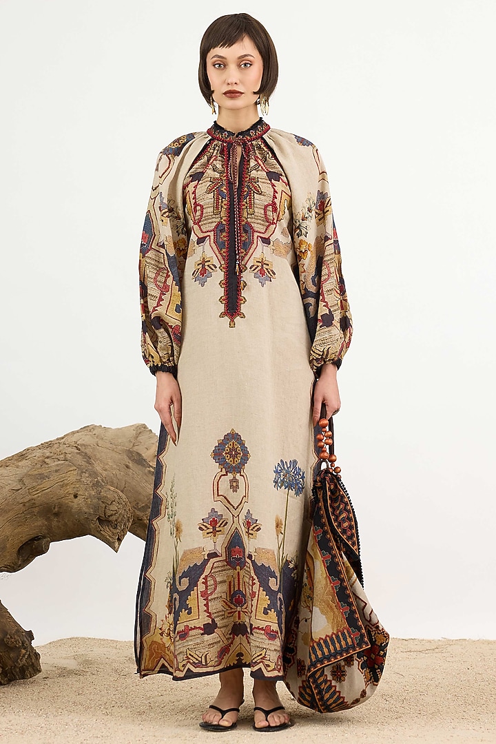Beige Linen Printed Tie-Up Kaftan Cocktail Dress by Rajdeep Ranawat at Pernia's Pop Up Shop