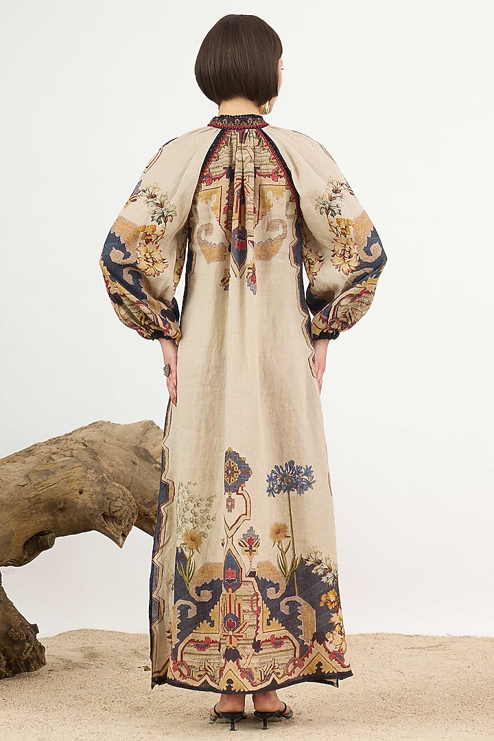 Beige Linen Printed Tie-Up Kaftan Cocktail Dress by Rajdeep Ranawat at Pernia's Pop Up Shop