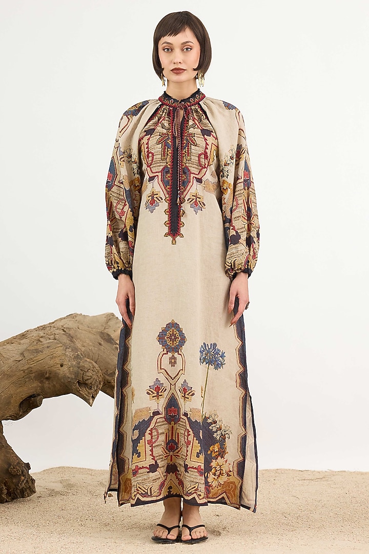 Beige Linen Printed Tie-Up Kaftan Cocktail Dress by Rajdeep Ranawat at Pernia's Pop Up Shop