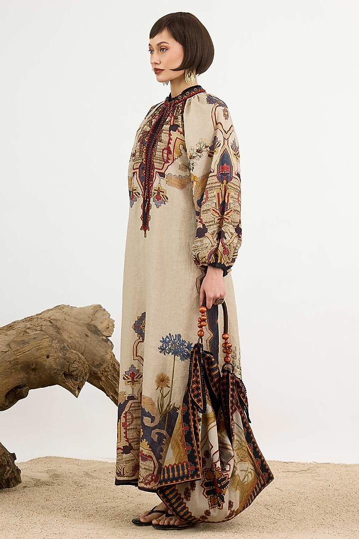 Beige Linen Printed Tie-Up Kaftan Cocktail Dress by Rajdeep Ranawat at Pernia's Pop Up Shop