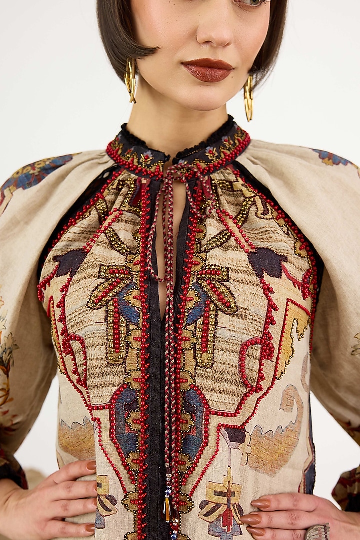 Beige Linen Printed Tie-Up Kaftan Cocktail Dress by Rajdeep Ranawat at Pernia's Pop Up Shop