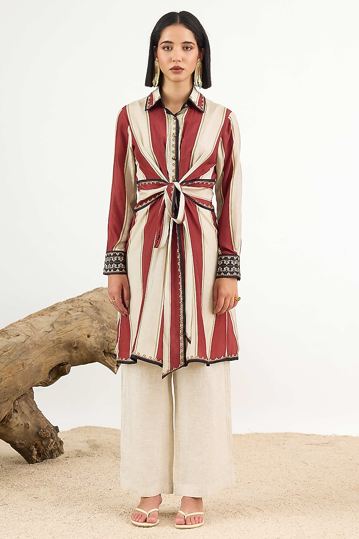 Red & Beige Linen Mini Vacation Dress by Rajdeep Ranawat at Pernia's Pop Up Shop