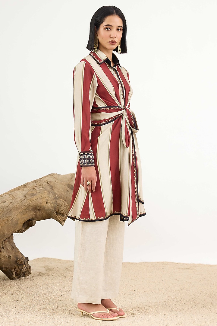 Red & Beige Linen Mini Vacation Dress by Rajdeep Ranawat at Pernia's Pop Up Shop