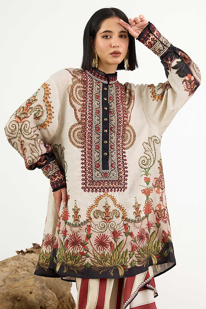 Beige Linen Printed Tunic by Rajdeep Ranawat at Pernia's Pop Up Shop