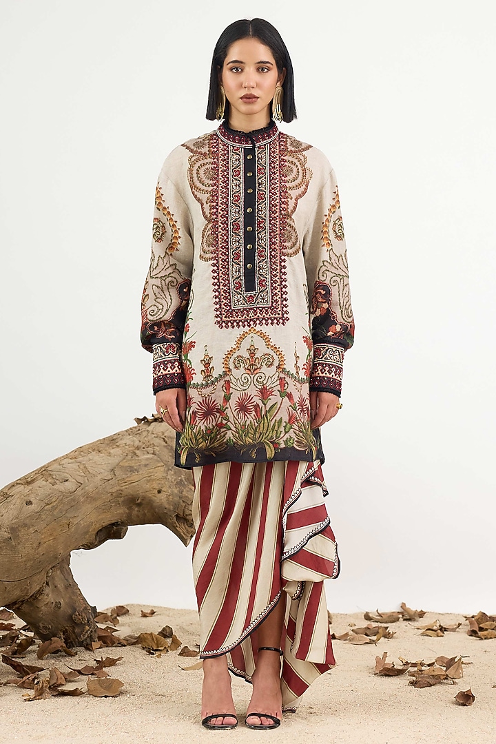 Beige Linen Printed Tunic by Rajdeep Ranawat at Pernia's Pop Up Shop