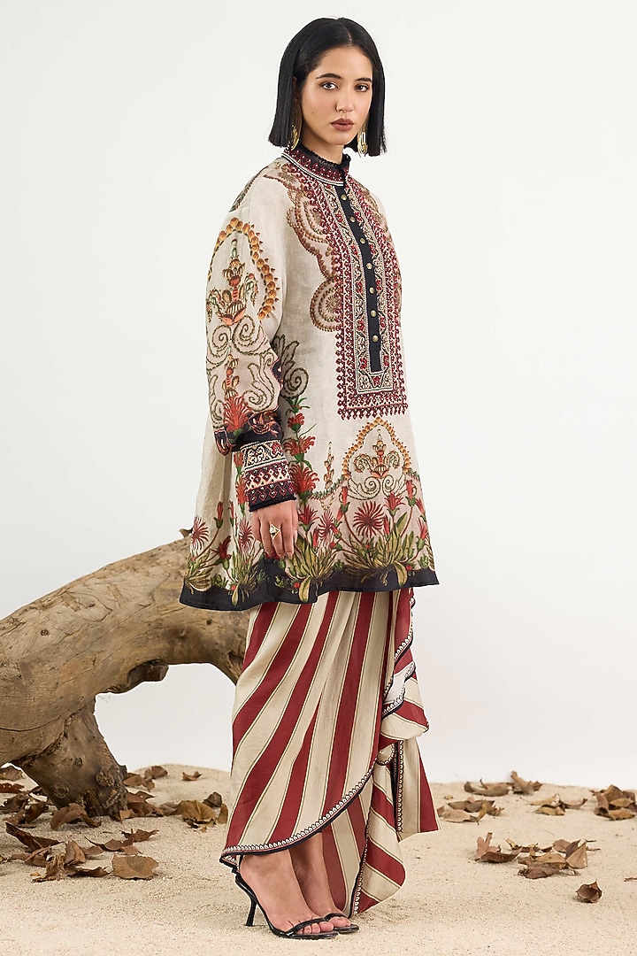 Beige Linen Printed Tunic by Rajdeep Ranawat at Pernia's Pop Up Shop