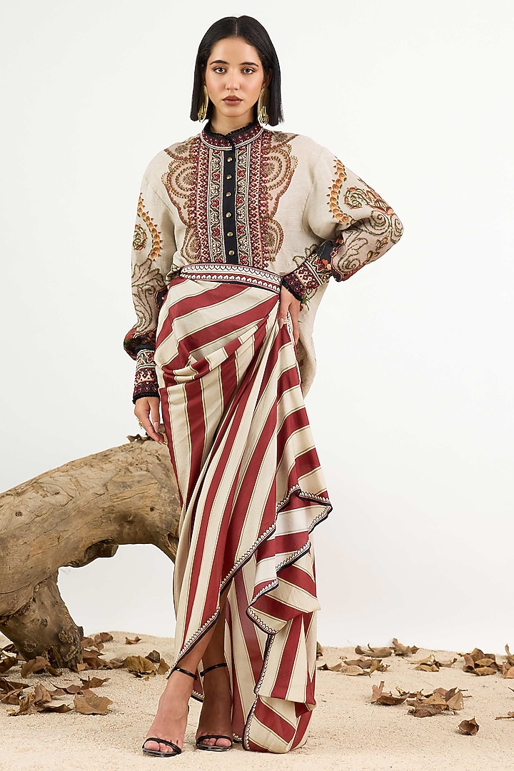 Beige Silk Printed Draped Skirt by Rajdeep Ranawat at Pernia's Pop Up Shop