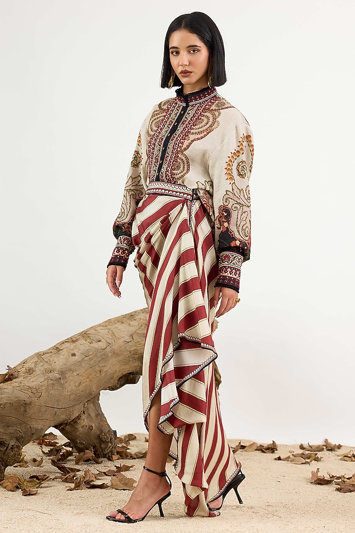 Beige Silk Printed Draped Skirt by Rajdeep Ranawat at Pernia's Pop Up Shop