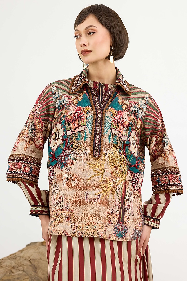 Beige Linen Printed & Embroidered Short Tunic by Rajdeep Ranawat at Pernia's Pop Up Shop