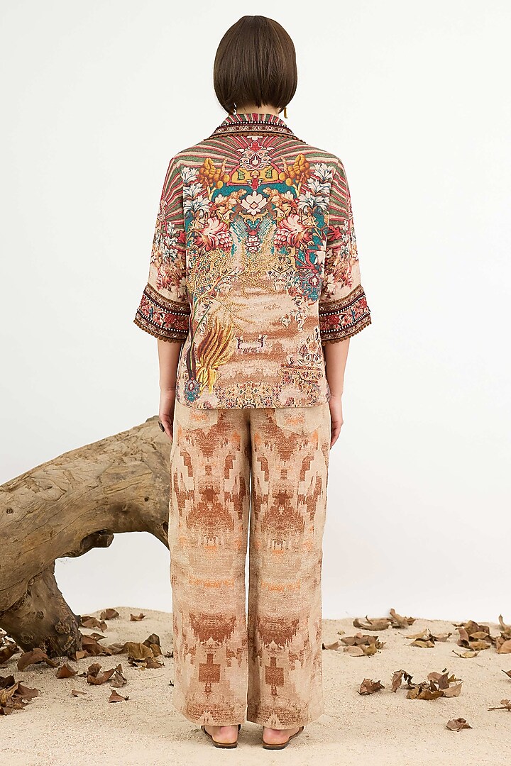 Beige Linen Printed & Embroidered Short Tunic by Rajdeep Ranawat at Pernia's Pop Up Shop