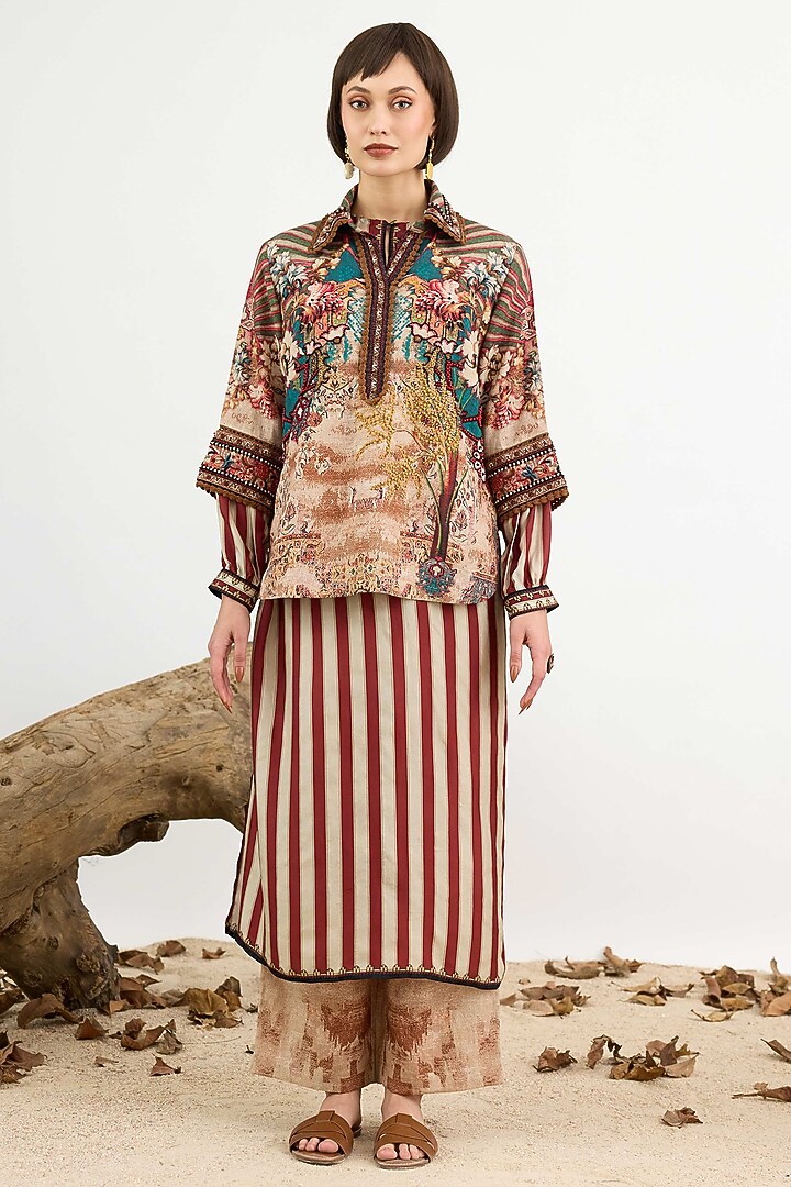 Beige Linen Printed & Embroidered Short Tunic by Rajdeep Ranawat at Pernia's Pop Up Shop
