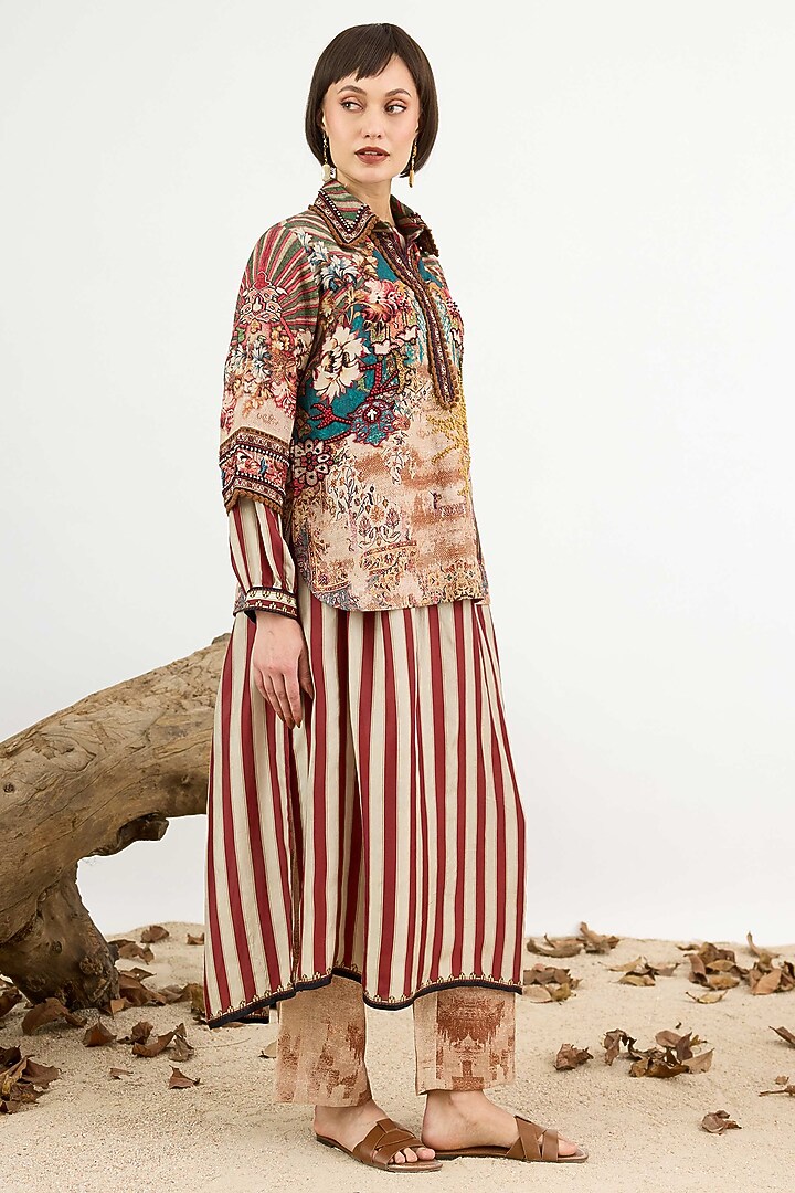 Beige Linen Printed & Embroidered Short Tunic by Rajdeep Ranawat at Pernia's Pop Up Shop