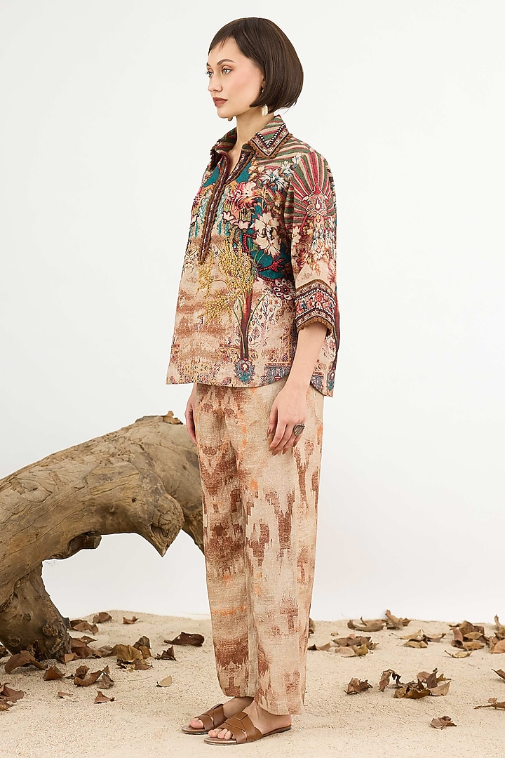Beige Linen Printed & Embroidered Short Tunic by Rajdeep Ranawat at Pernia's Pop Up Shop