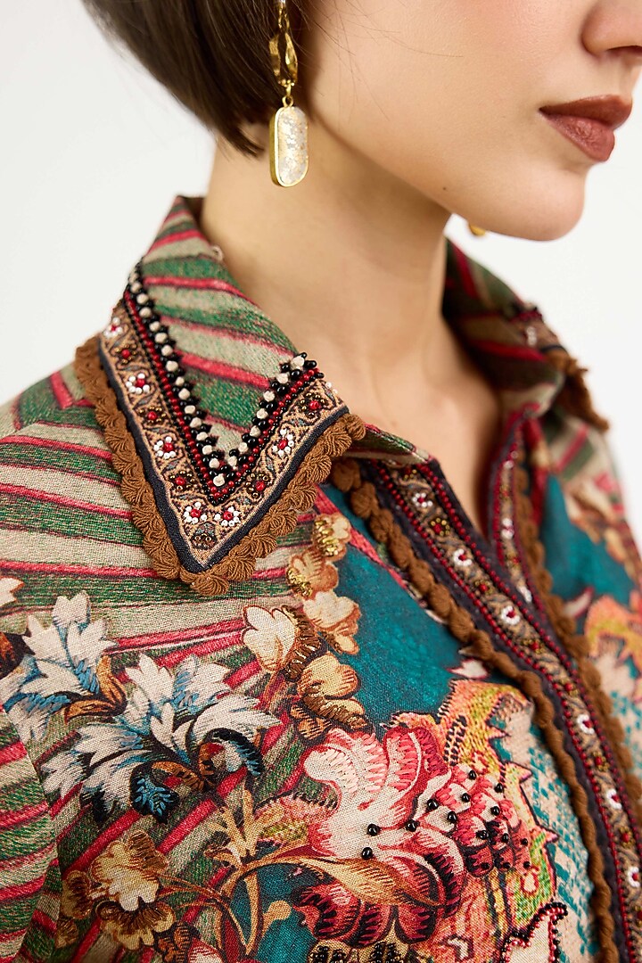 Beige Linen Printed & Embroidered Short Tunic by Rajdeep Ranawat at Pernia's Pop Up Shop