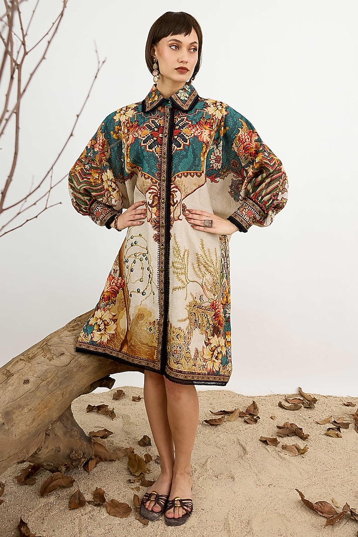 Teal & Beige Linen Printed Shirt Cocktail Dress by Rajdeep Ranawat at Pernia's Pop Up Shop